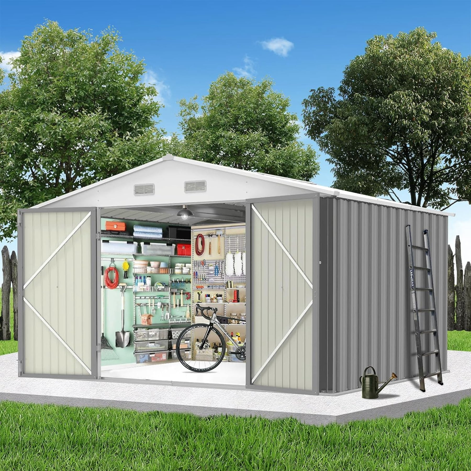 Seizeen Sheds and Outdoor Storage, 10 x 8FT Metal Patio Tool Storage Sheds w/Adjustable Shelf and Lockable Door, Galvanized Storage Shed for Backyard Garden, Gray