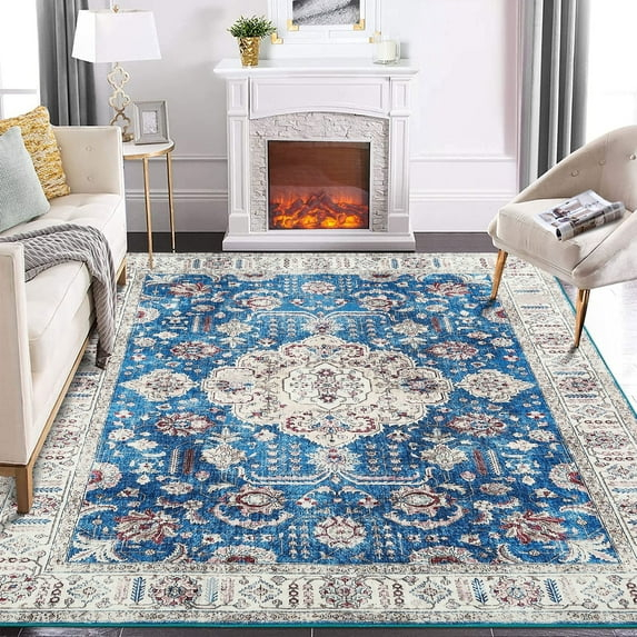 GlowSol 8x10 Floral Area Rug for Living Room Bedroom Retro Distressed Area Rug Traditional Medallion Non-Slip Low Pile Carpet Floor Decoration, Blue