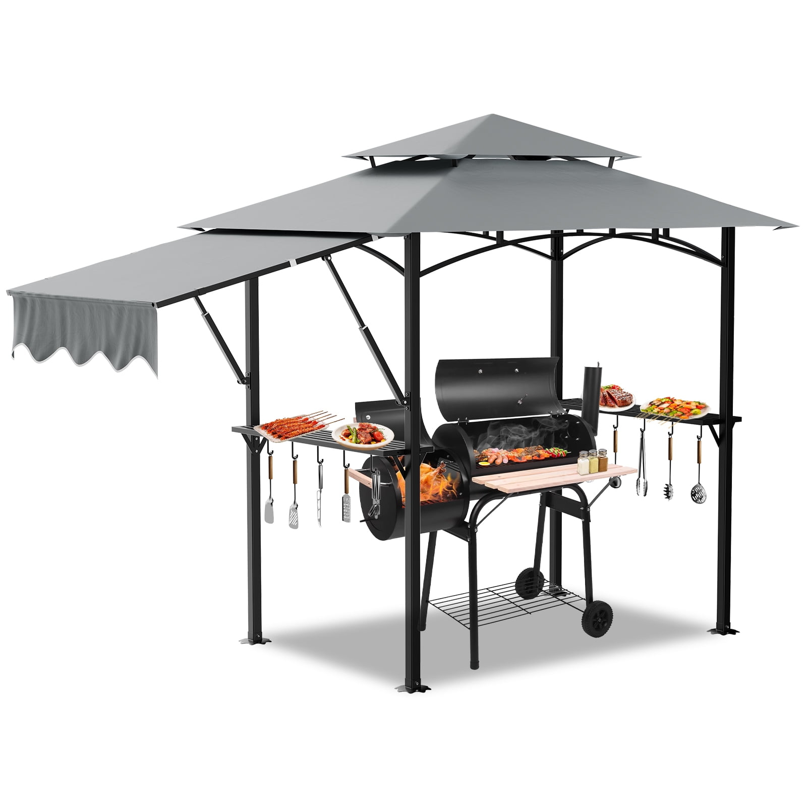 HOBLOC 8x5ft Grill Gazebo, Double Tiered Outdoor BBQ Patio Canopy Tent with Adjustable Side Awning, Grey