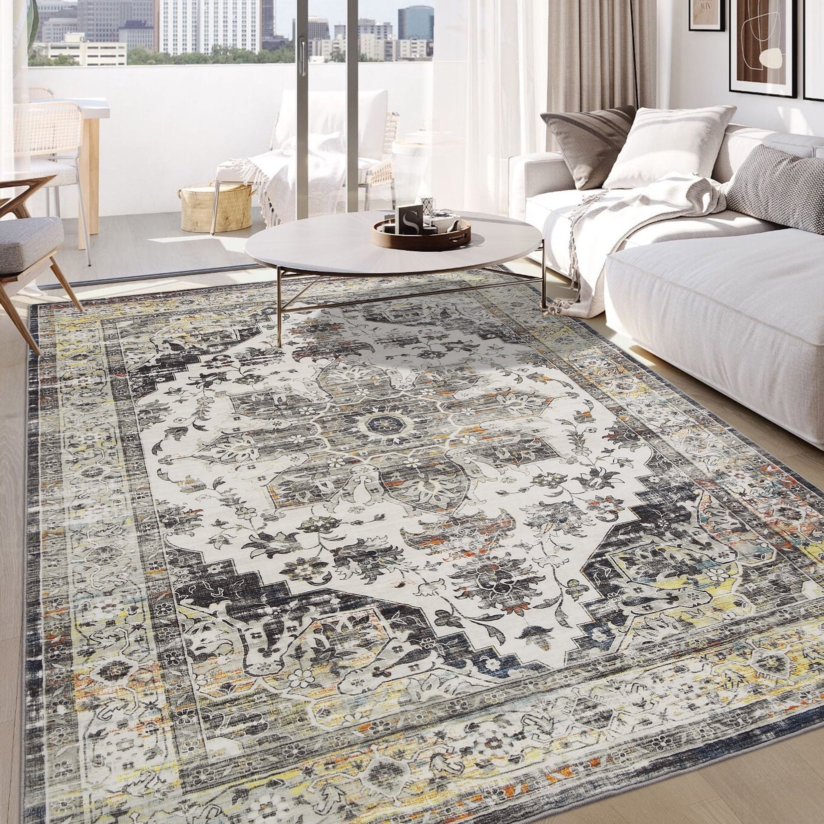 Garvee 9' x 12' Large Rug Vintage Persian Area Rugs Distressed Print Carpet Floral Pattern Rug No-Slip Low Pile Rug Living Room Bedroom Rug, Gray