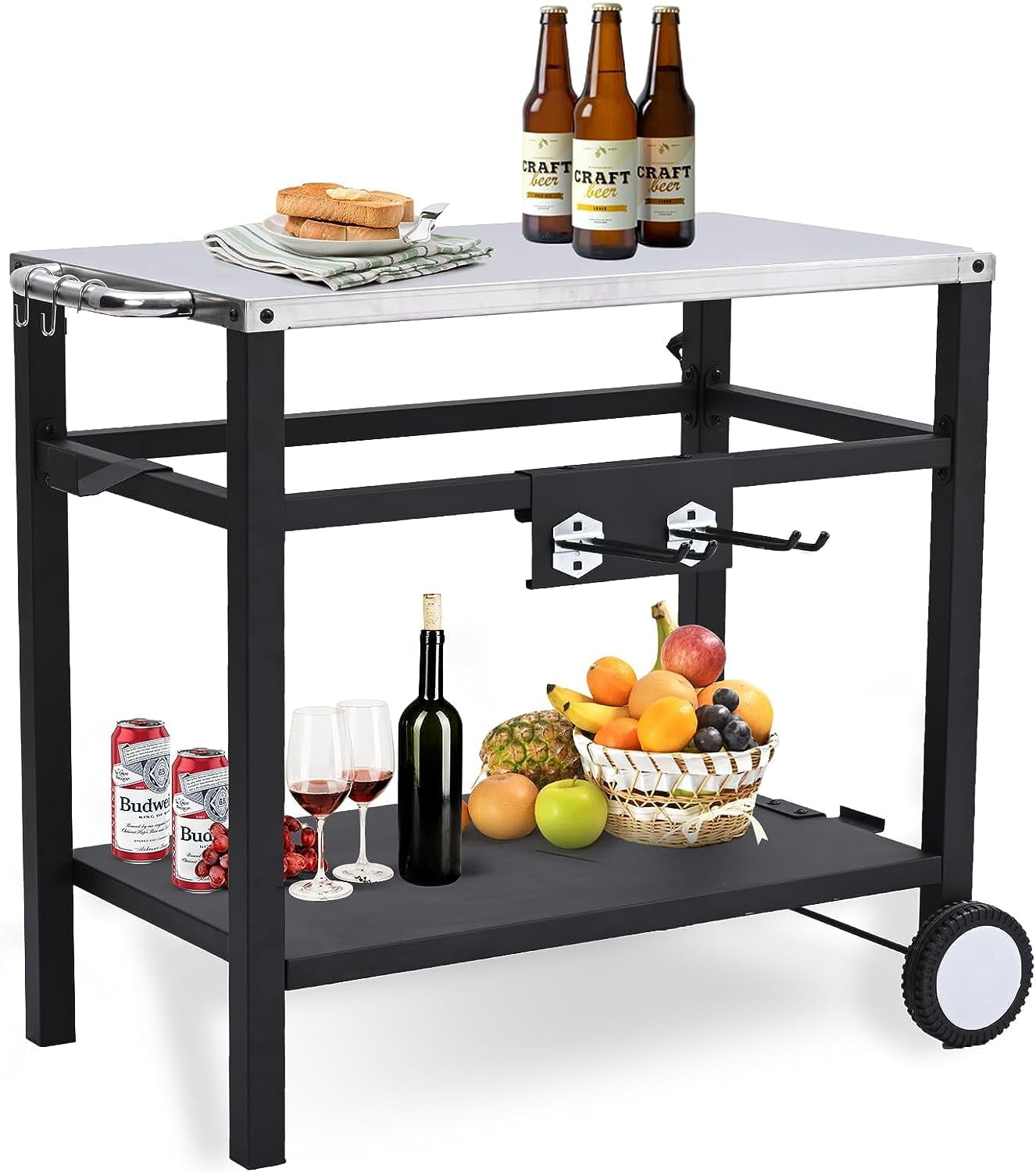 Outvita Outdoor Grill Cart, Movable Food Prep and Work Cart Table, Pizza Oven Stand Table with Wheels, Indoor & Outdoor Multifunctiona BBQ Cart with Mesh Racks for Home Party Camping