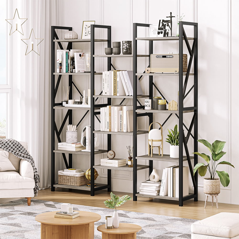 Jojoka Triple Wide 5 Tier Book Shelf, Tall Bookshelf with Open Display Shelves, Industrial Large Bookshelves and Bookcases with Metal Frame for Living Room, Bedroom, Home Office-Rustic Grey
