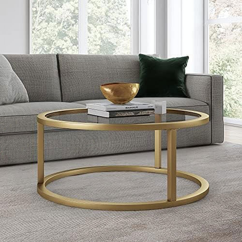 Evelyn&Zoe Metal Round Pedastal Base Coffee Table in Gold and Brass Finish