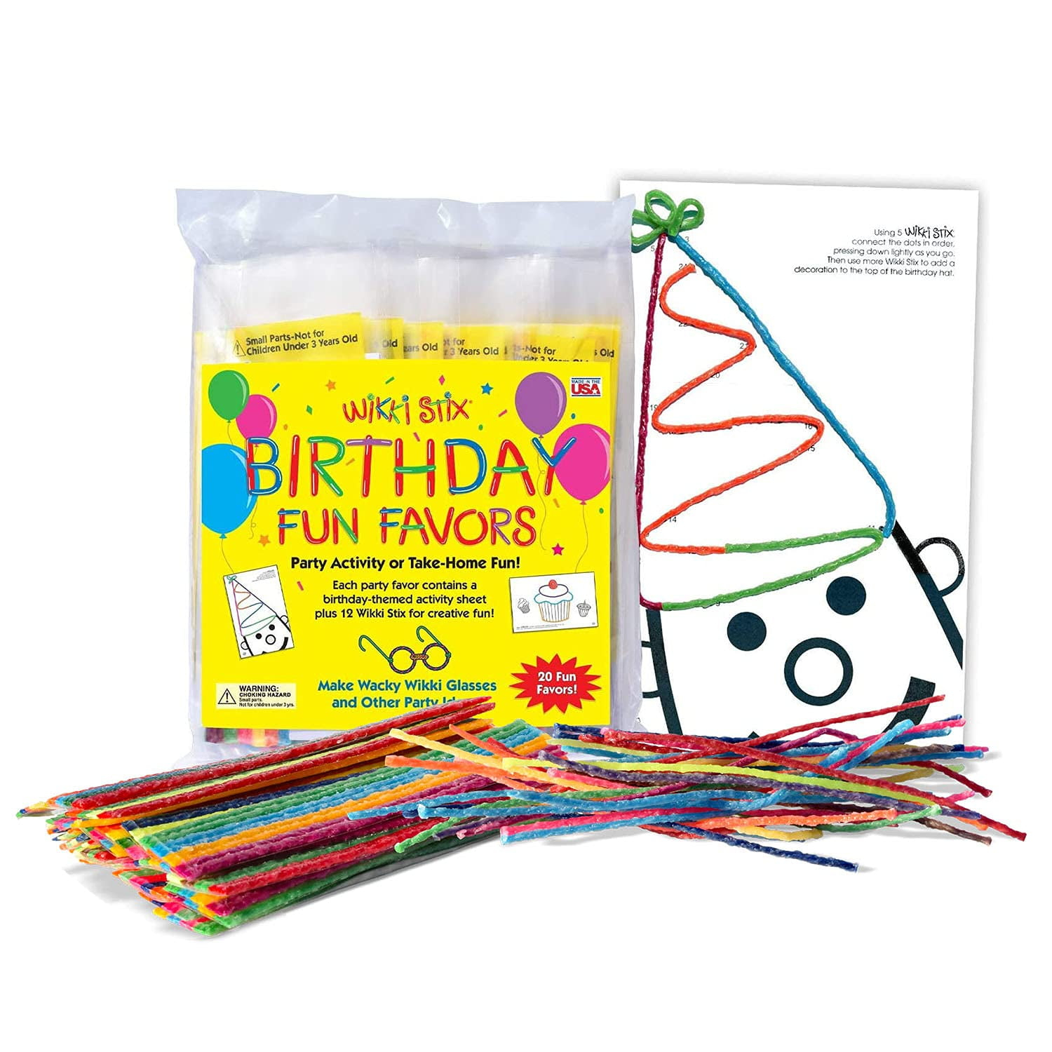 Wikki Stix Birthday Fun Favors, pack of 20 individual fun favors, each with 12 Wikki Stix and a birthday themed play sheet, Made in the USA