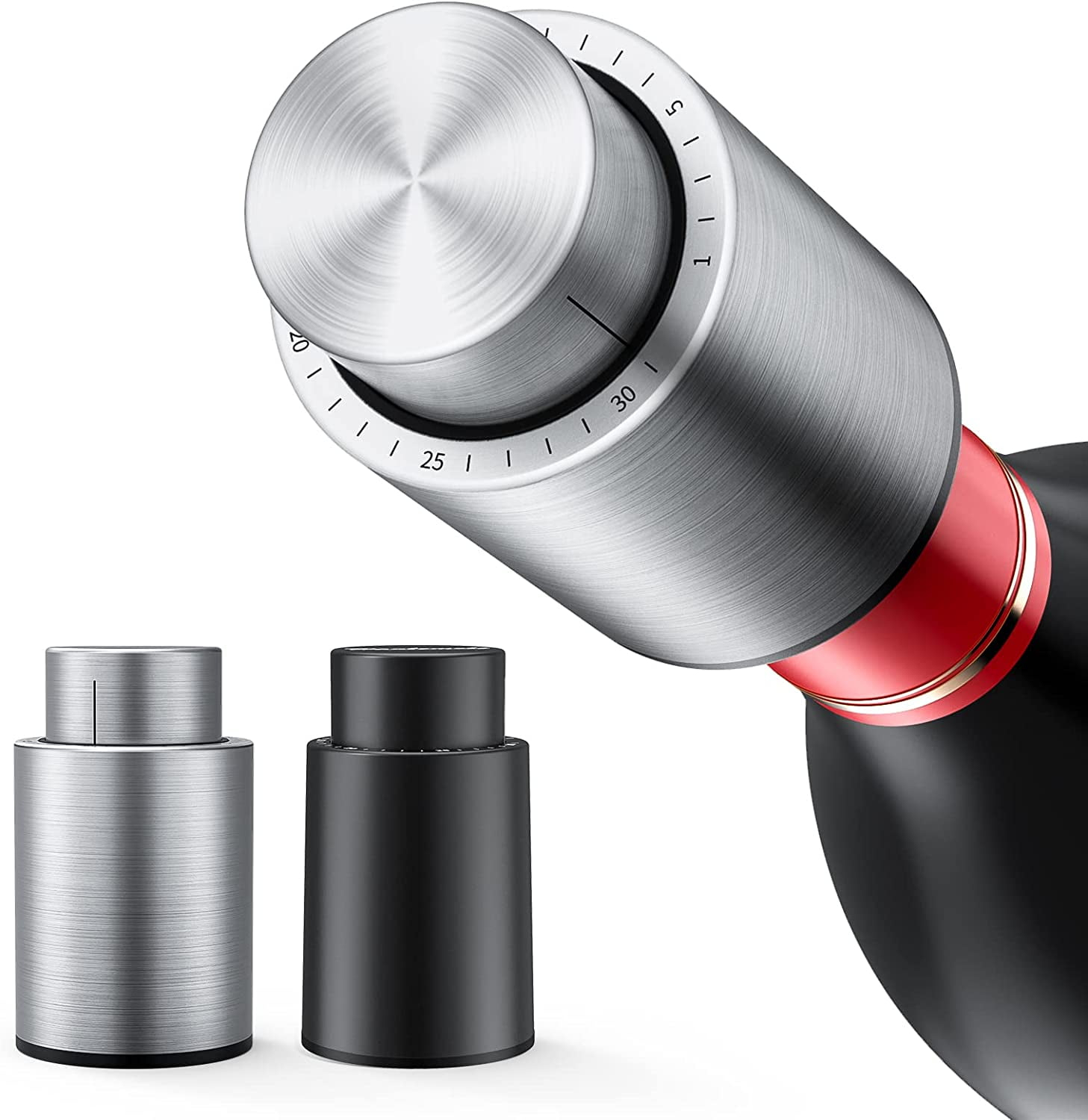 Wine Bottle Stoppers，2-in-1 Vacuum Wine Stopper，Stainless Steel Wine Savers , Reusable Wine Preserver , Vacuum Pump Corks Keep Wine Really Fresh, Best Gift Accessories,(1 Pack) (Silver+Black)