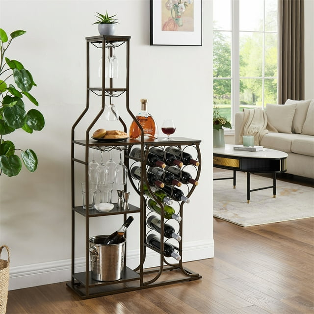 LoLado 11 Bottle Wine Bakers Rack, 5 Tier Freestanding Wine Rack with Hanging Wine Glass Holder and Storage Shelves, Wine Storage Home Bar for Liquor and Wine Storagefor Kitchen, Dining Room, Brown