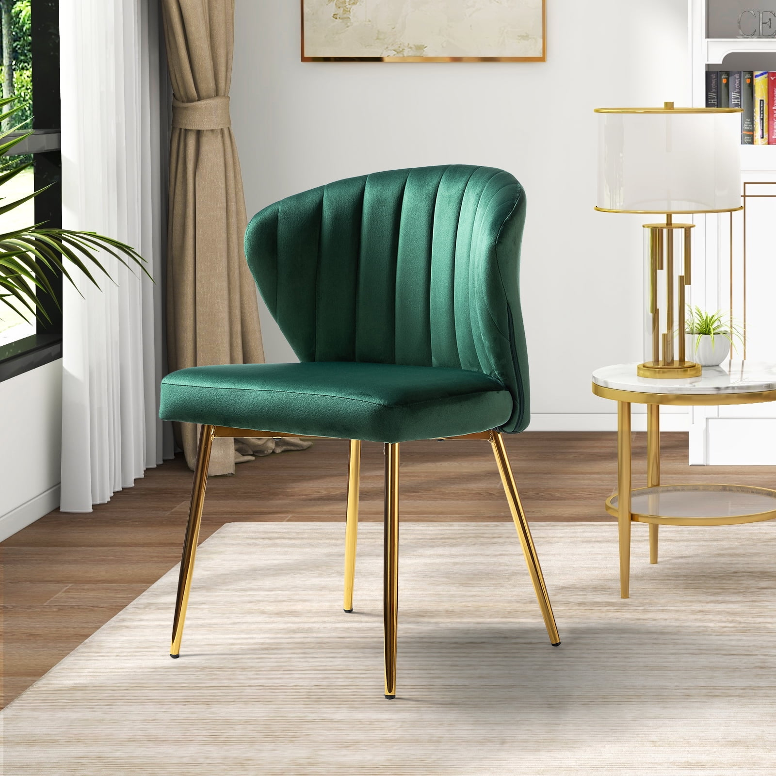 Velvet Wingback Dining Chair Upholstered Makeup Vanity Chair Gold Metal Legs Home Bedroom Green
