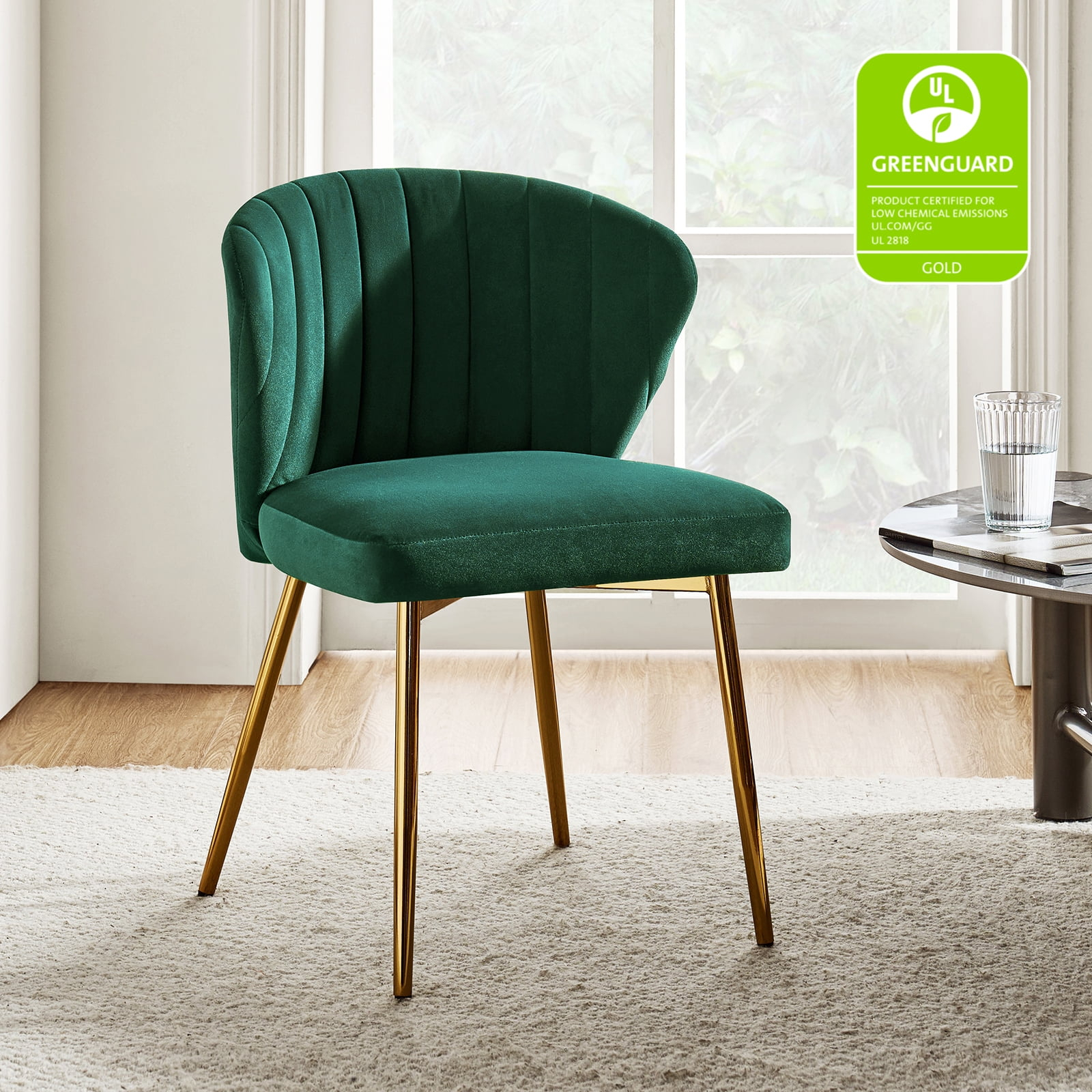 Velvet Wingback Dining Chair Upholstered Makeup Vanity Chair Gold Metal Legs Home Bedroom Green