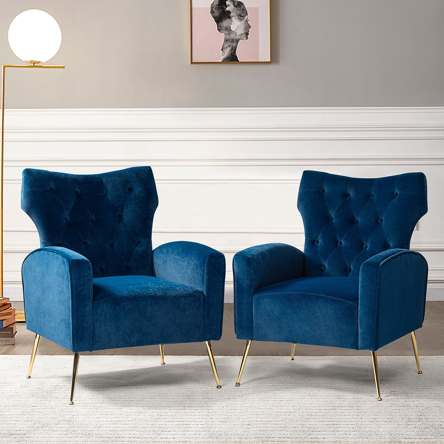 Wingback Velvet Accent Chair Set of 2 Upholstered Sofa Armchair Button Metal Legs Adult Home Bedroom Navy