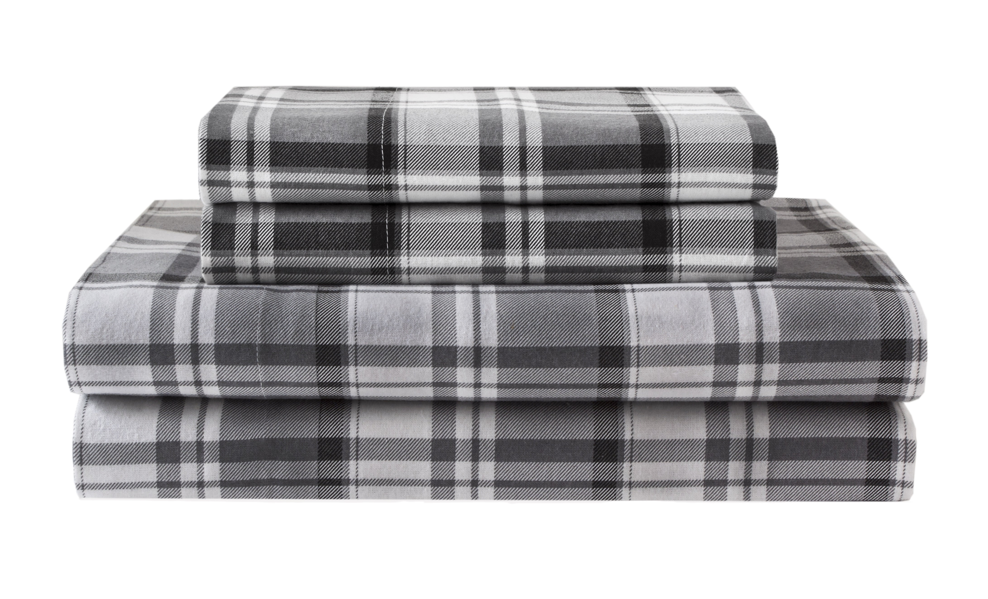 Winter Nights Cotton Flannel Bed Sheet Set, Full, Gray Plaid