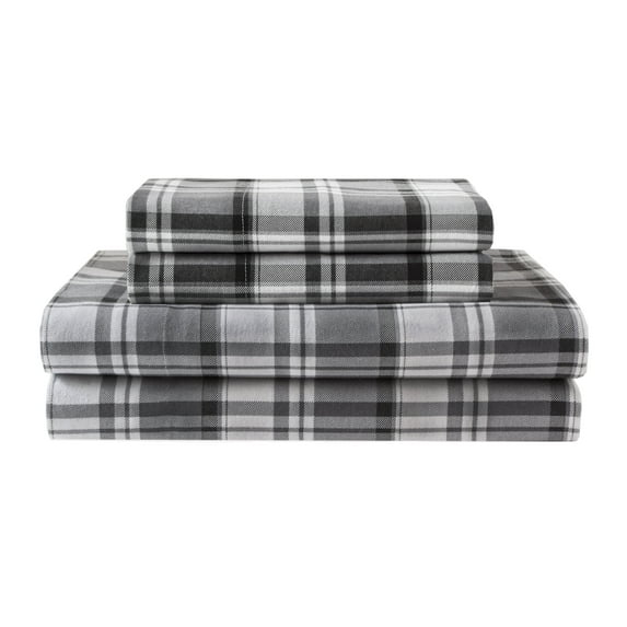 Winter Nights Cotton Flannel Bed Sheet Set, Full, Gray Plaid