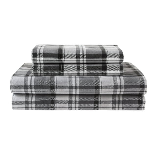 Winter Nights Cotton Flannel Bed Sheet Set, Full, Gray Plaid