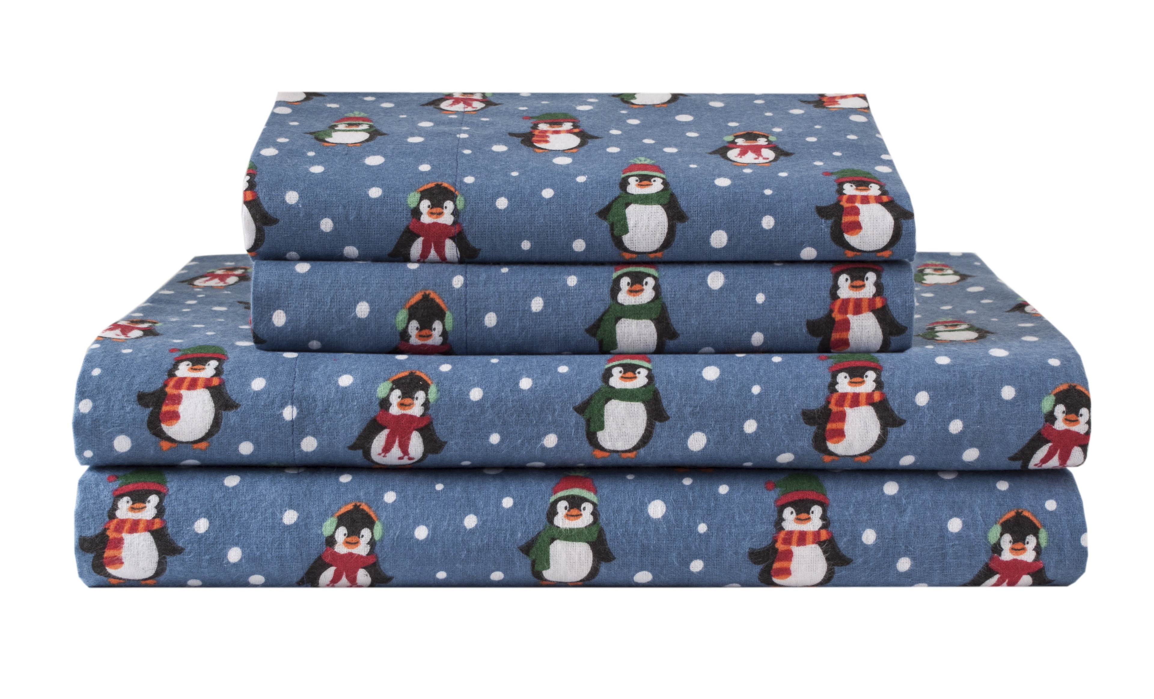 Winter Nights Cotton Flannel Sheet Set, Queen, Penguins