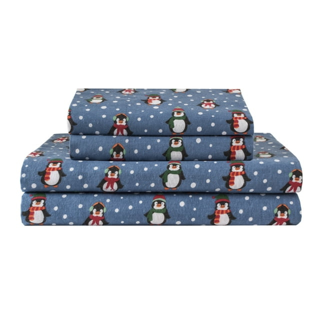 Winter Nights Cotton Flannel Sheet Set, Queen, Penguins