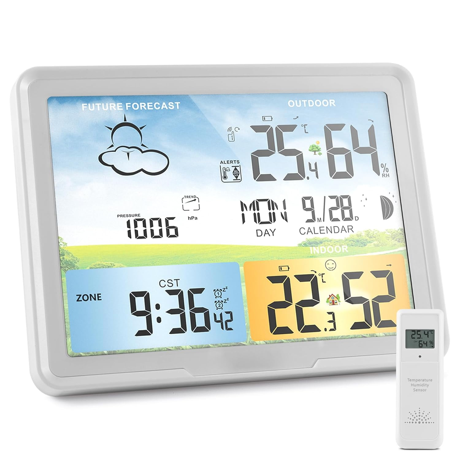 Wireless Indoor Outdoor Thermometer: Home Weather Station, Portable Digital Weather Clock Atomic with Bluetooth Color Forecast, Multiple Sensors Weather Monitor and Alarm (1 Remote)