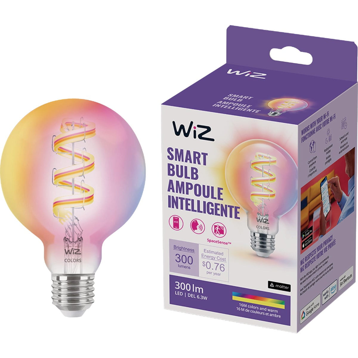WiZ Connected Color G25 Color Filament LED Smart Bulb - Pack of 1-300 Lumen - E26, Indoor - Connects to Your Existing Wi-Fi - Control with Voice or App + Activate with Motion - Matter Compatible