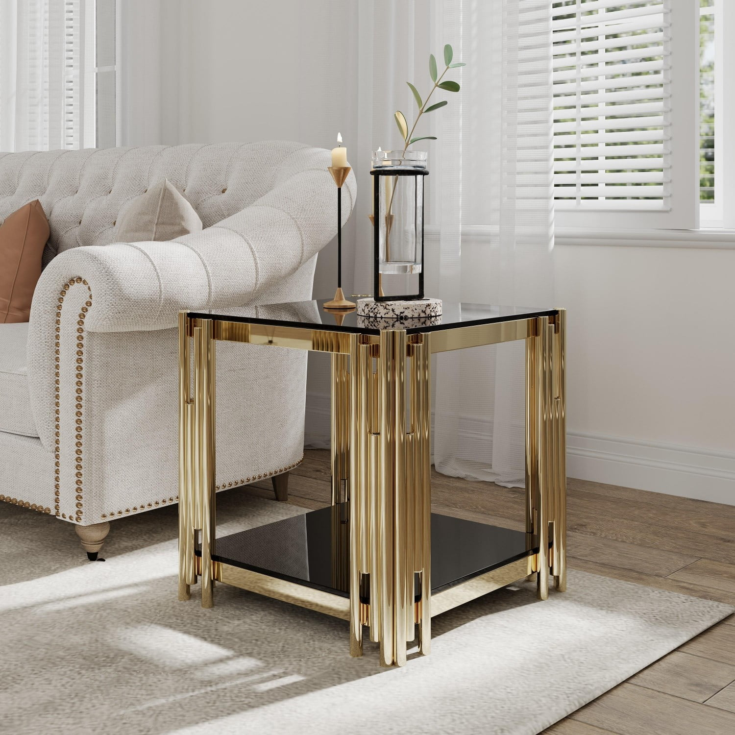 Woker Furniture 20" Wide Square End Table With Black Glass Top, Golden Stainless Steel Tempered Glass End Table For Living Room&Bed Room