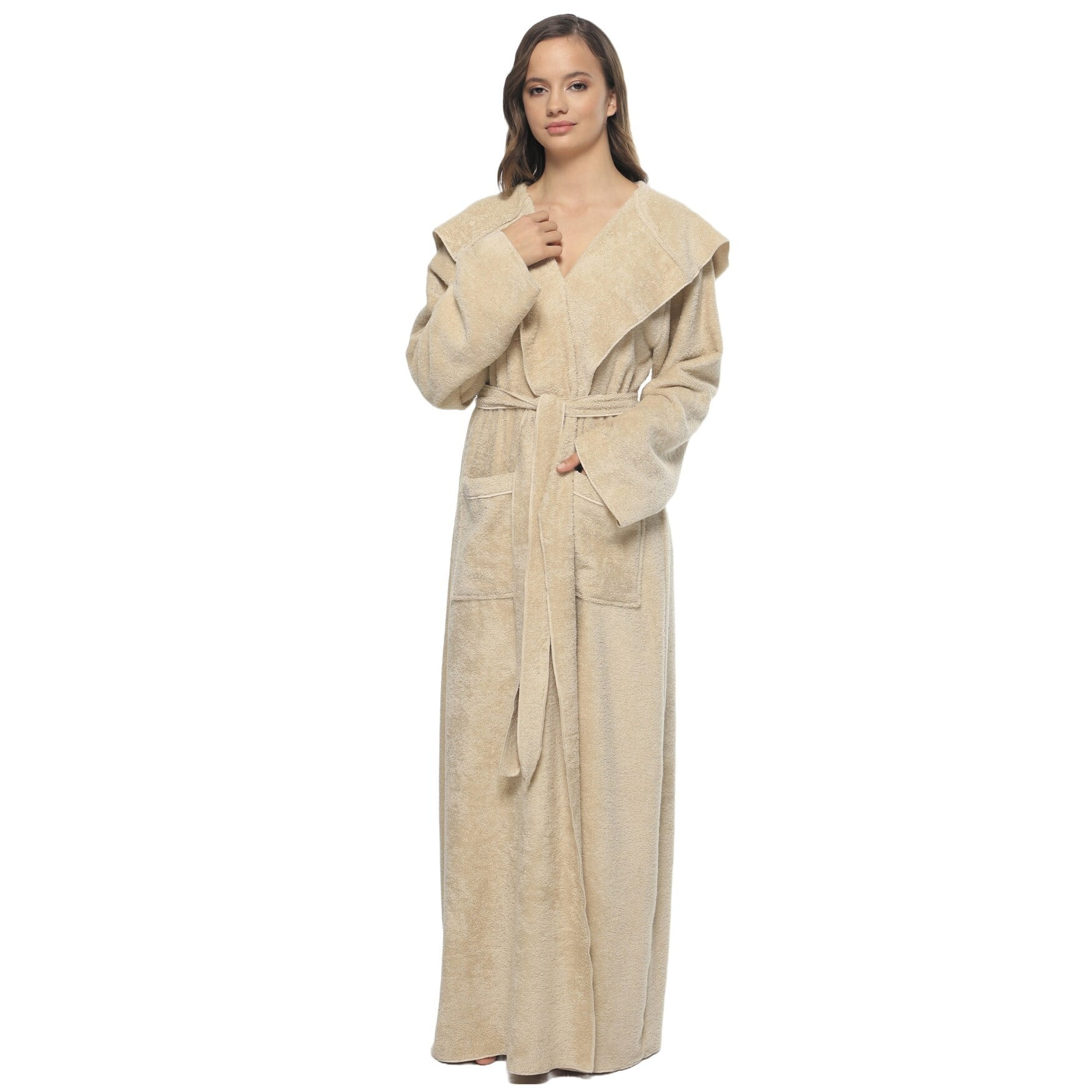 Women's Angel Stlyle Robe Ankle Long Hooded Turkish Cotton Bathrobe Medium - Latte