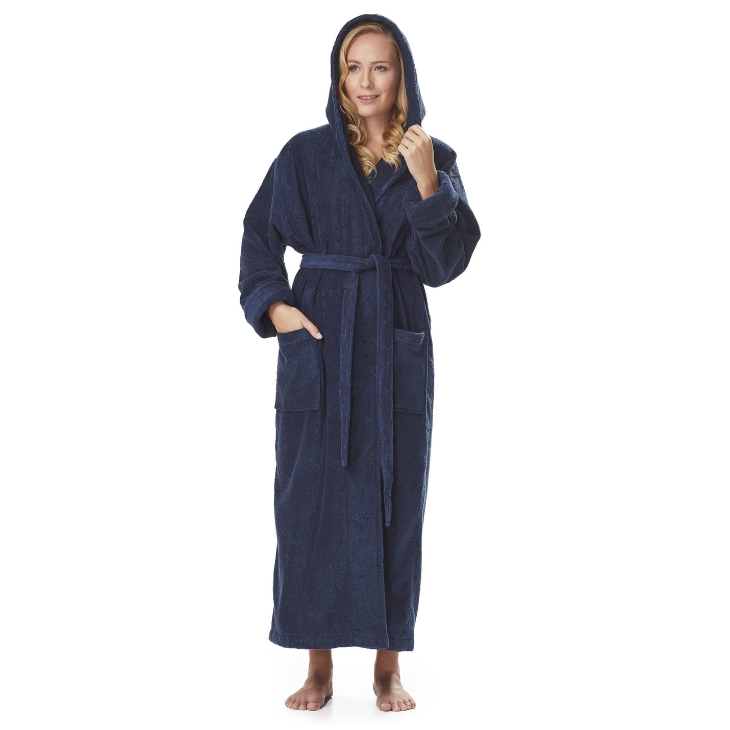 Women's Cotton Hooded Full Length Turkish Bathrobe Dark Blue X-Large