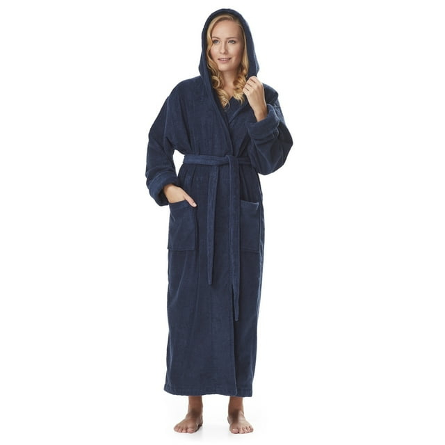 Women's Cotton Hooded Full Length Turkish Bathrobe Dark Blue X-Large