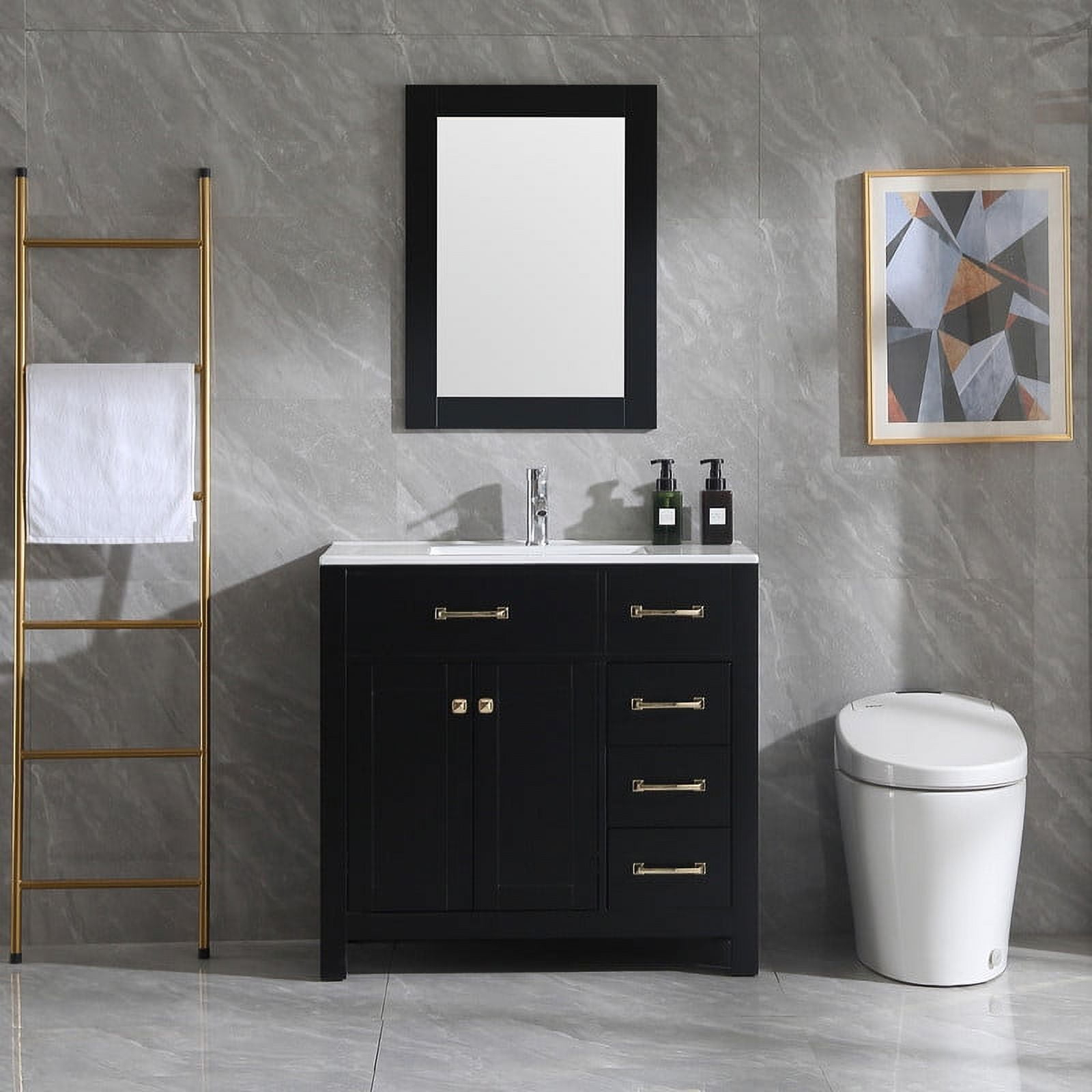 Wonline 36" Luxurious Bathroom Vanity with Sink Combo Set,Free Standing Bathroom Vanity Cabinet w/Thickened Wood, Faucet, Painted Surface, Mirror, Black