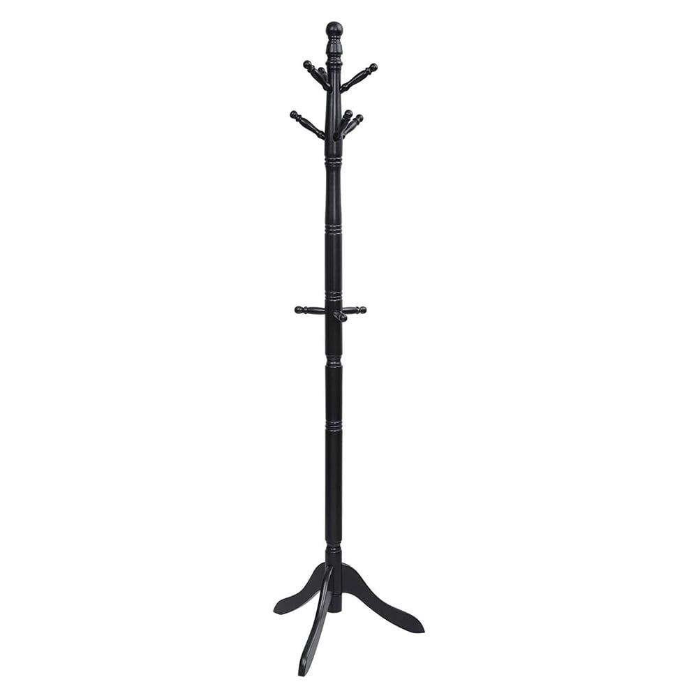 Wood Coat Rack Freestanding, Entryway Height Adjustable Coat Stand with 9 Hooks & Stable Tri-Legged Base, Rubber Wood Coat Tree Hall Tree Coat Hanger Stand for Home Office Hall Entryway, Black