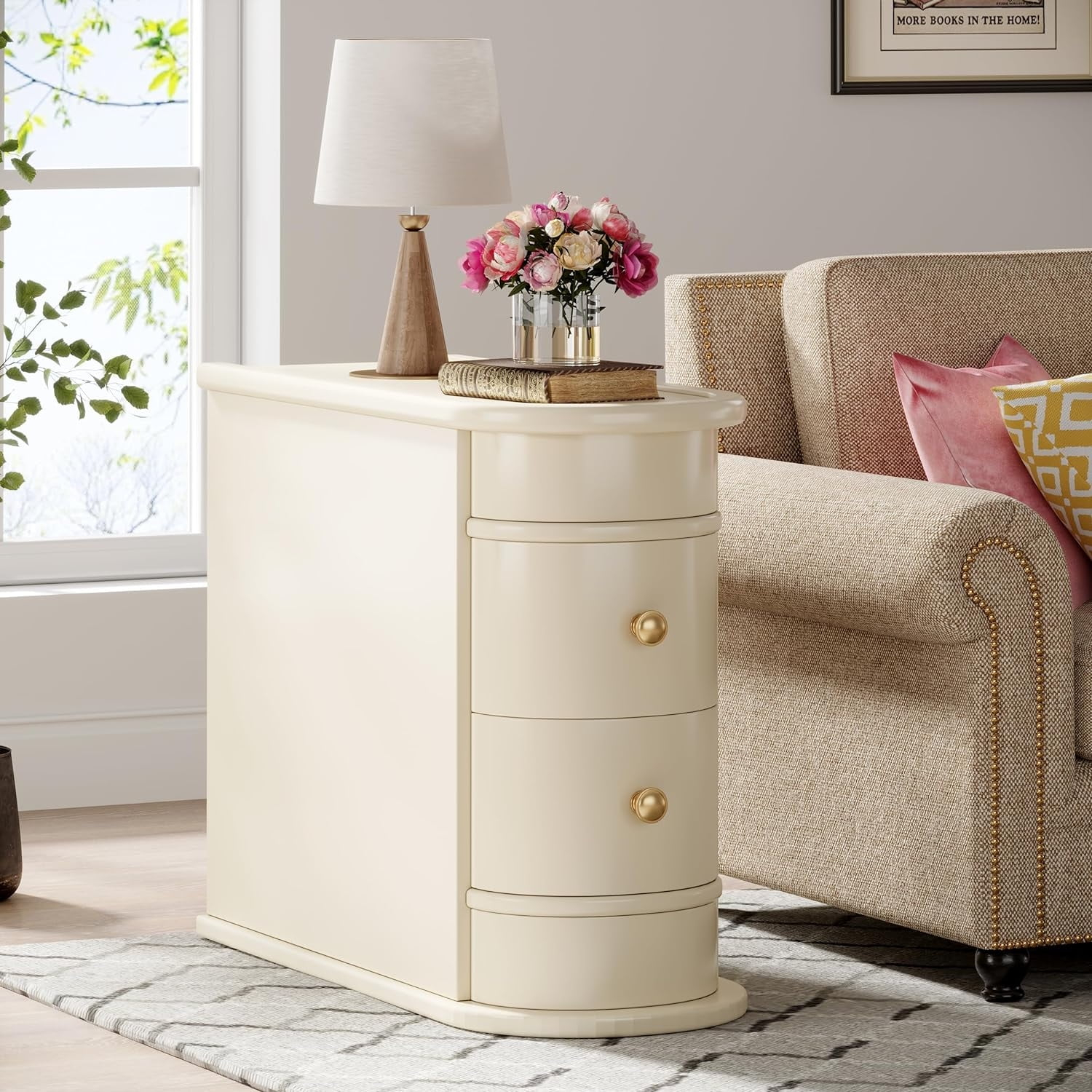 Wood End Table with 2 Drawers and Shelves  No Assembly Required Narrow Sofa Side Table for Living Room  Vintage Slim Nightstand Bedside Table for Bedroom  Finished Back (1  Creamy White)