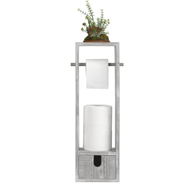 Wood Free Standing Toilet Paper Roll Holder with Drawer Gray-White