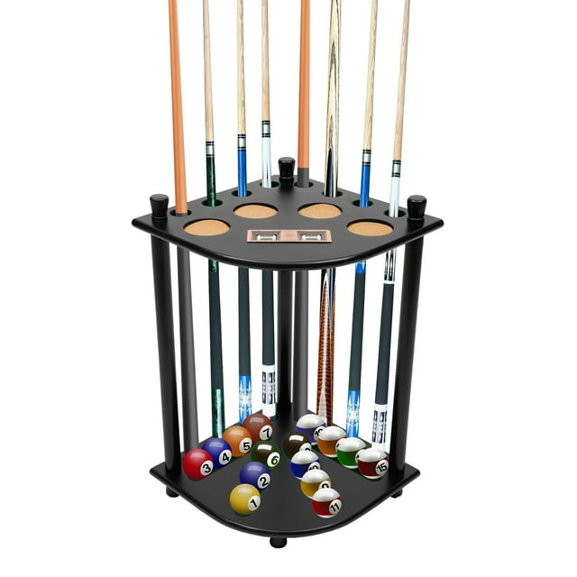 Wood Pool Cue Rack Solid Pool Stick Holder,Black Floor Stand Holds 8 Pool Billiard Stick Billiard Cue Racks,Pool Table Accessories for Game Room,Club