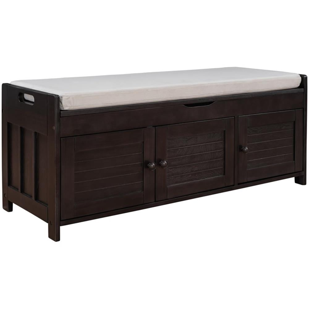 Wood Storage Bench with Removable Cushion and 3 Shutter-Shaped Doors (Espresso)