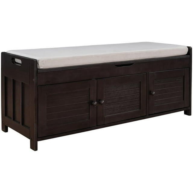Wood Storage Bench with Removable Cushion and 3 Shutter-Shaped Doors (Espresso)