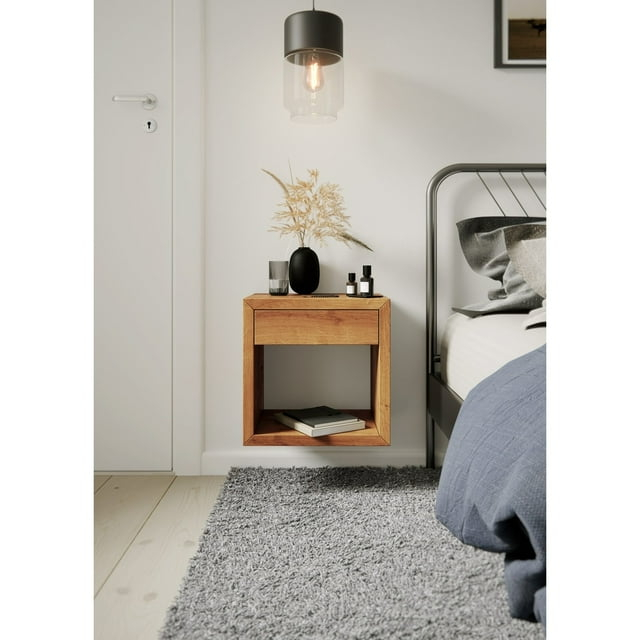 Woodek Scandinavian Floating Nightstand with Drawer, Solid Oak - Bedroom Side Table Unfinished