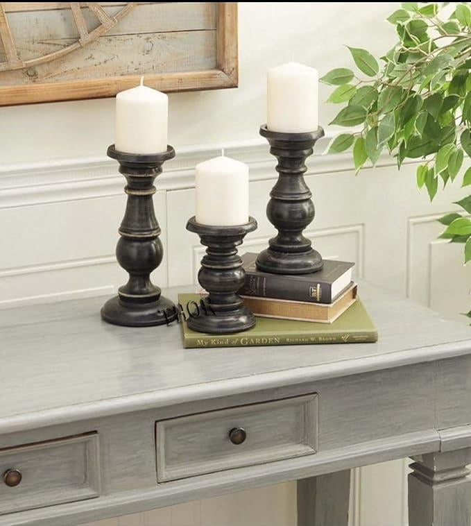 DecMode 3 Candle Black Mango Wood Distressed Turned Pillar Candle Holder, Set of 3