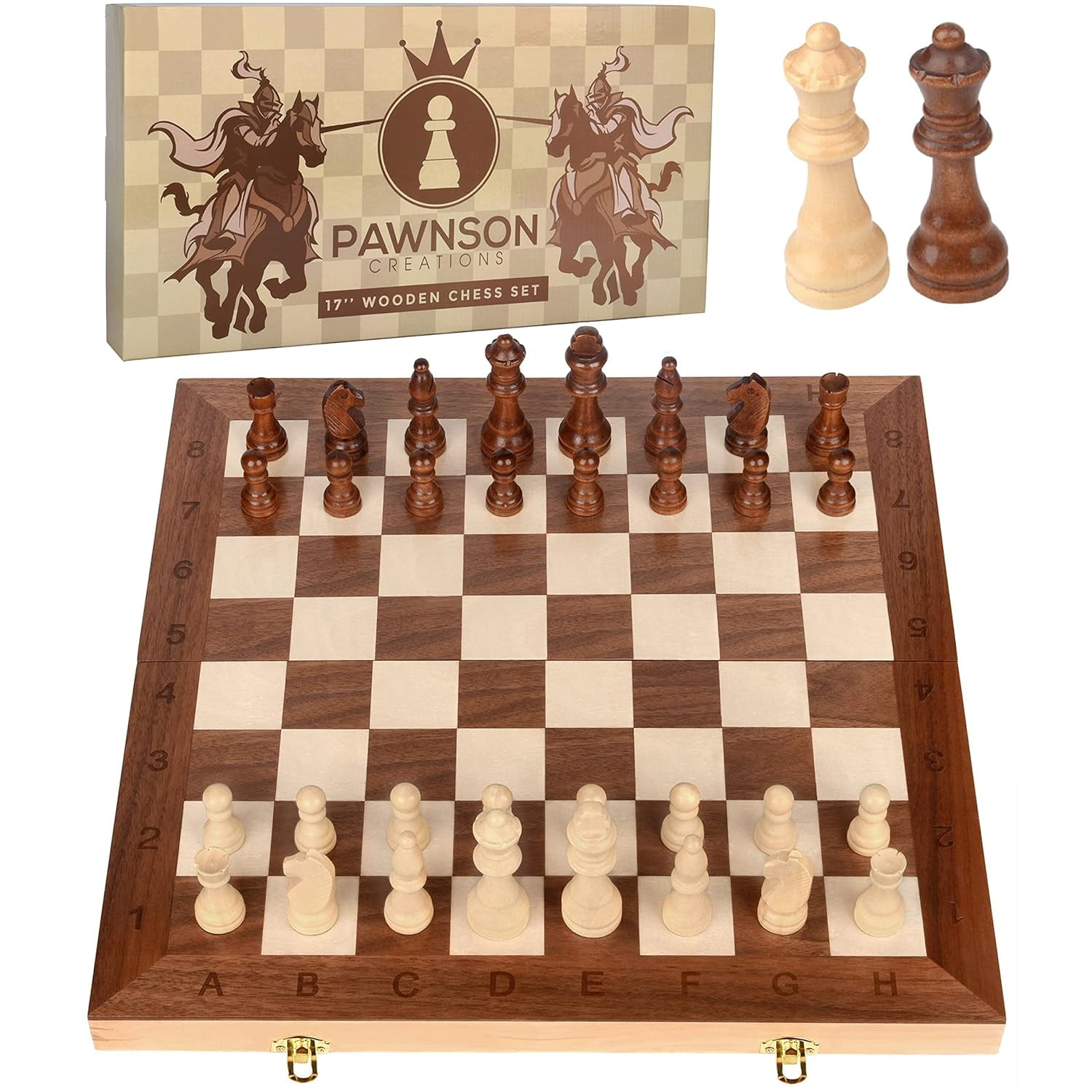 Wooden Chess Set 17 In Staunton Chess Set - Large Folding Chess Board Game Sets - Storage For Pieces | Wood Pawns - Unique E-Book For Beginner - 2 Extra Queens | For Kids & Adults