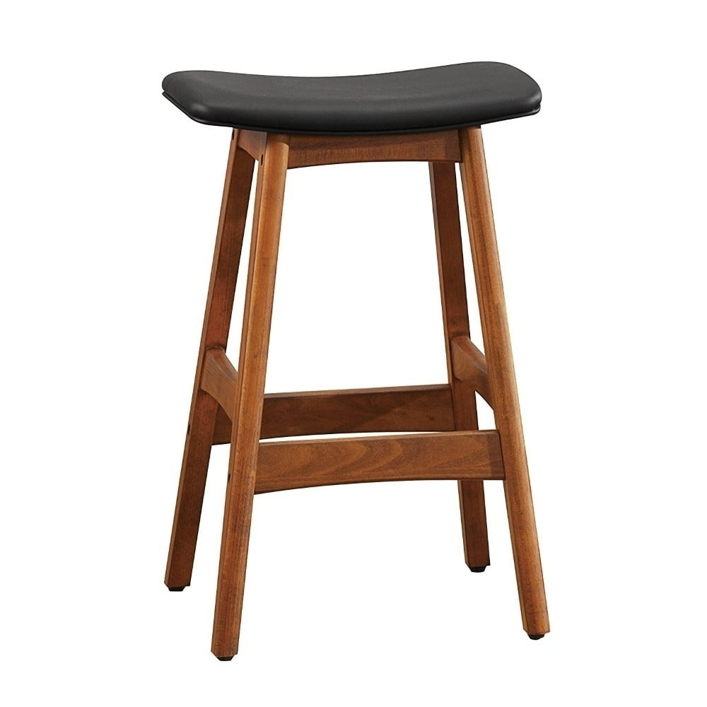 Solid Wood Walnut Finish Counter Height Stools Set Of 2 Matt Black Faux Leather Seat Mid-Century Modern Barstools Kitchen Dining Furniture