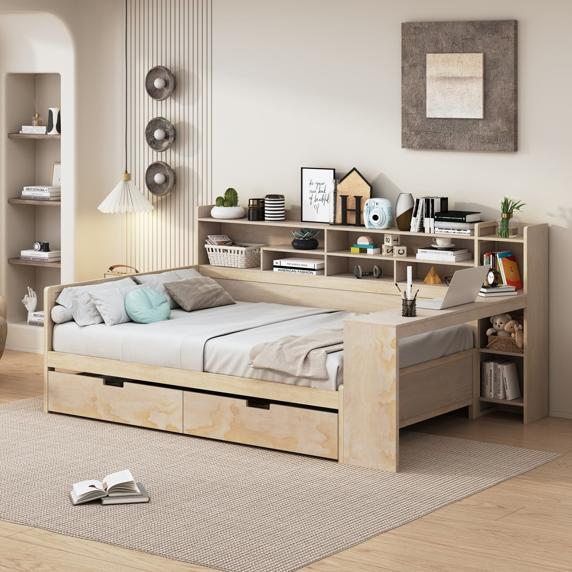 Wooden Daybed with Storage Shelves, Multi-functional Bed with Two Storage Drawers and Study Desk Natural - Full