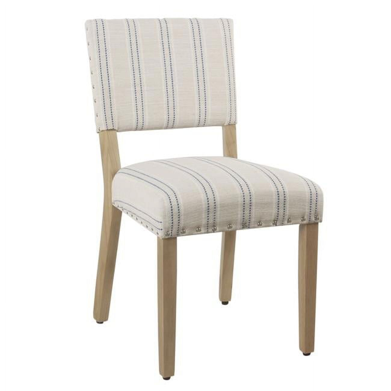 Wooden Dining Chair with Striped Pattern Fabric Cushioned Seat, Blue & White - Set of 2