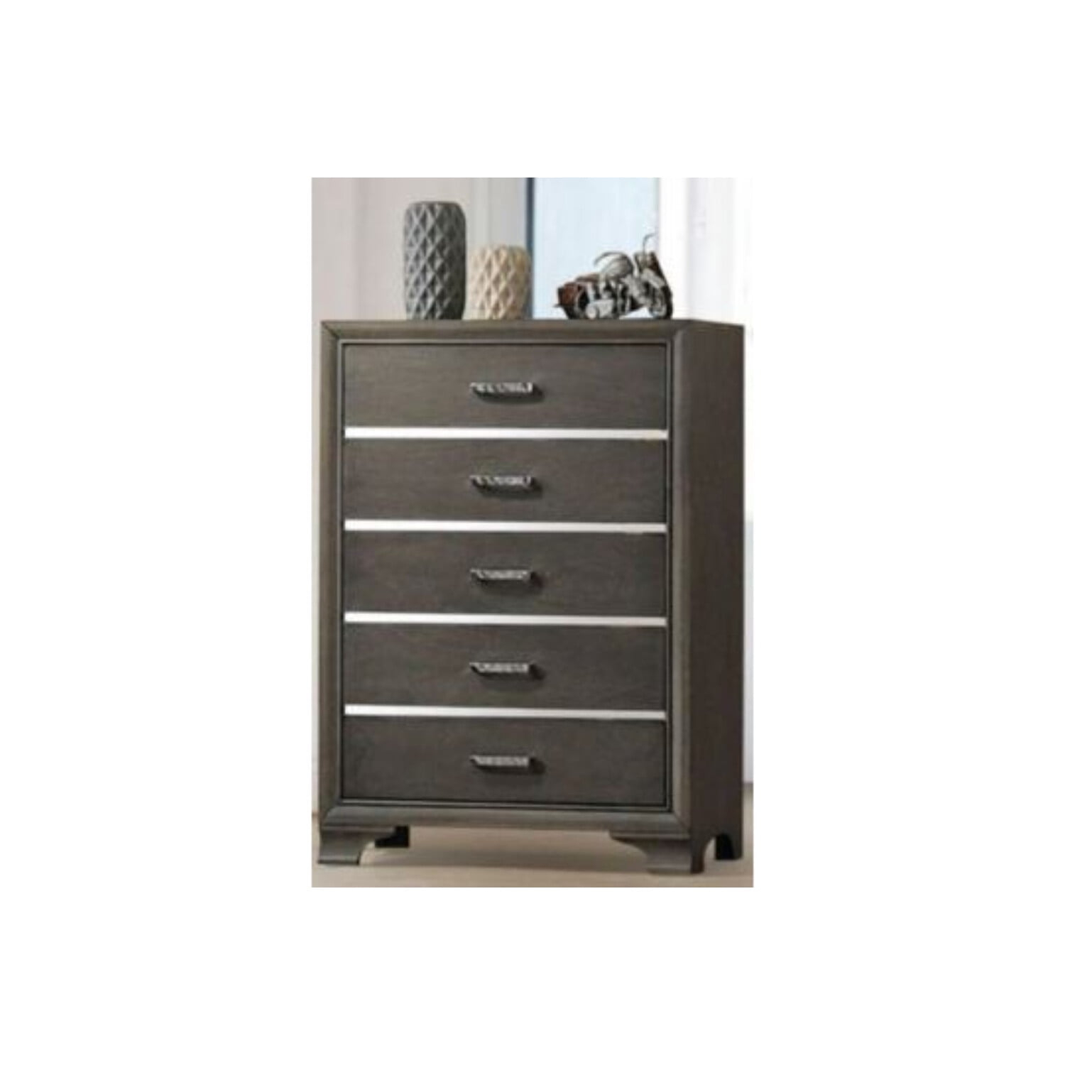 Wooden Five Drawer Chest With Bracket Legs, Gray