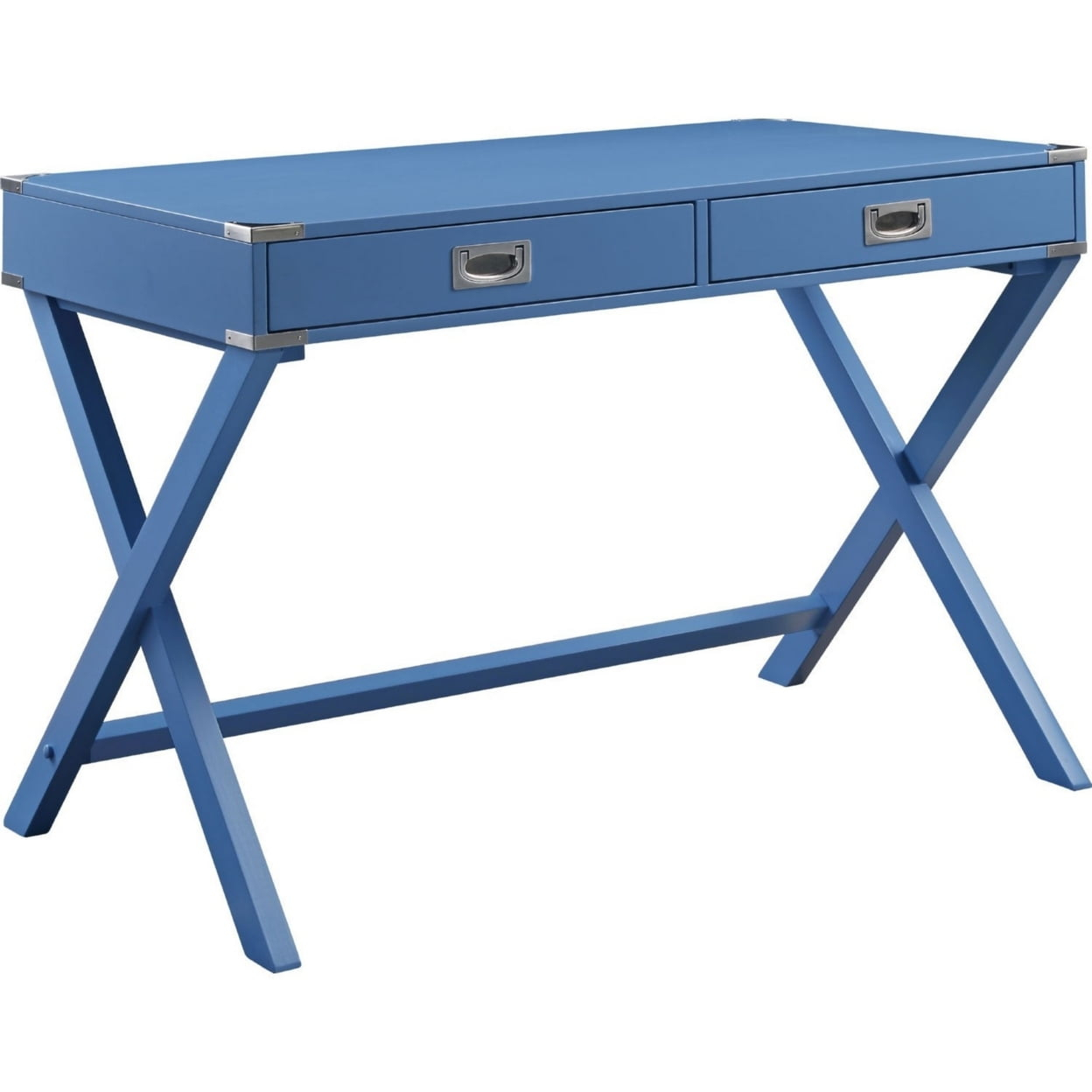 Furniture Modern Blue Writing Desk (24D x 42W x 30H, X-Shaped Base) - 2 Drawers