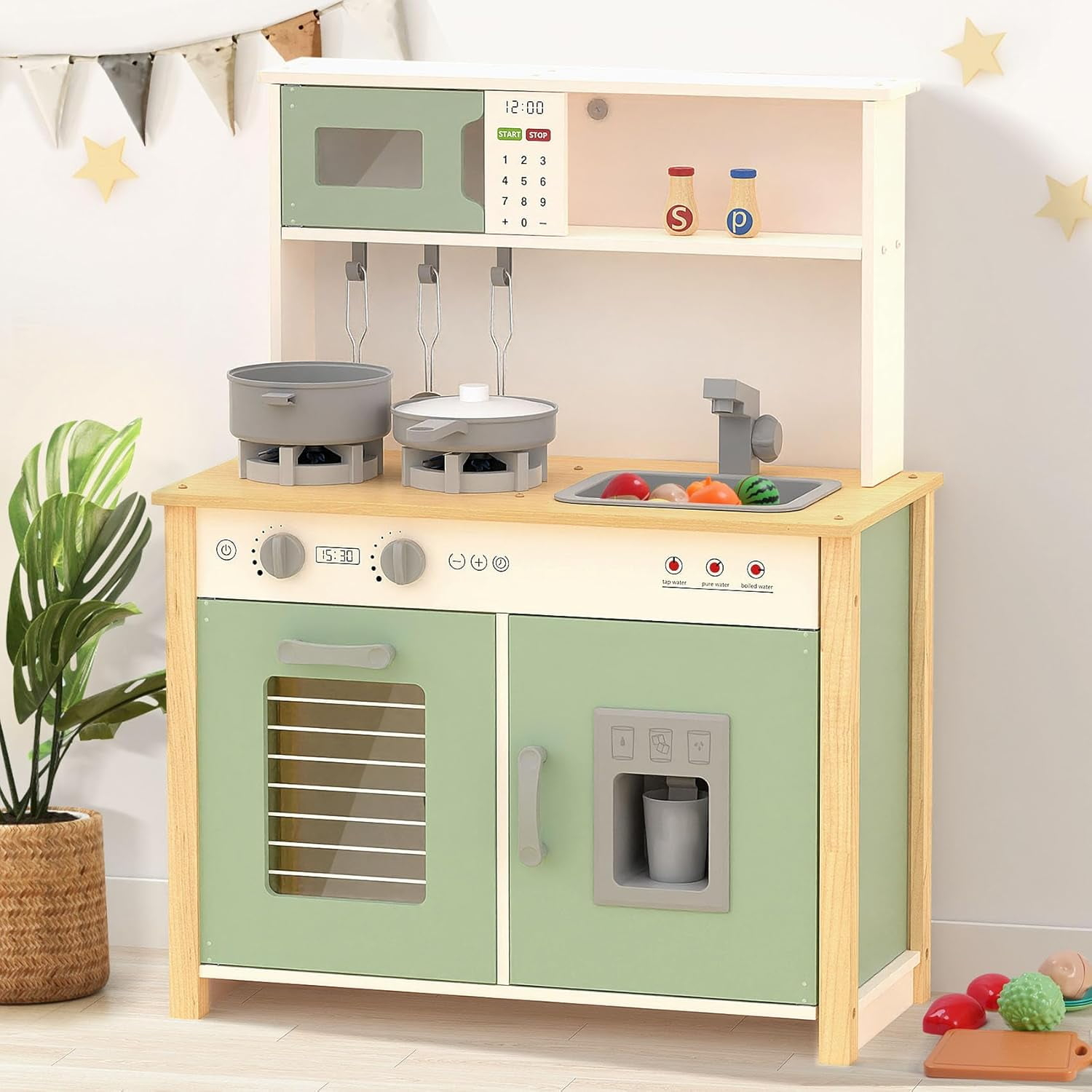 Wooden Kitchen Playset for Kids Ages 3+ with Realistic Lights, Sounds, Stove, Sink, Oven, and Accessories, Toys Kitchen Small Pretend Play Kitchen for Toddlers (Green)