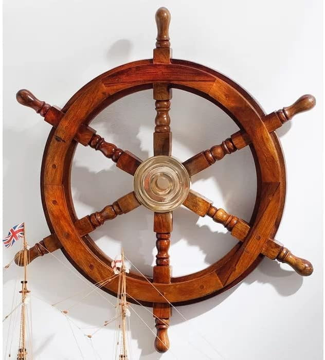 Handcrafted 30" Brown Wood and Brass Nautical Ship Wheel
