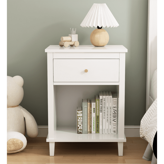 Wooden Nightstand with One Drawer One Shelf,Modern Bedside Tables for Kids,Adults,White