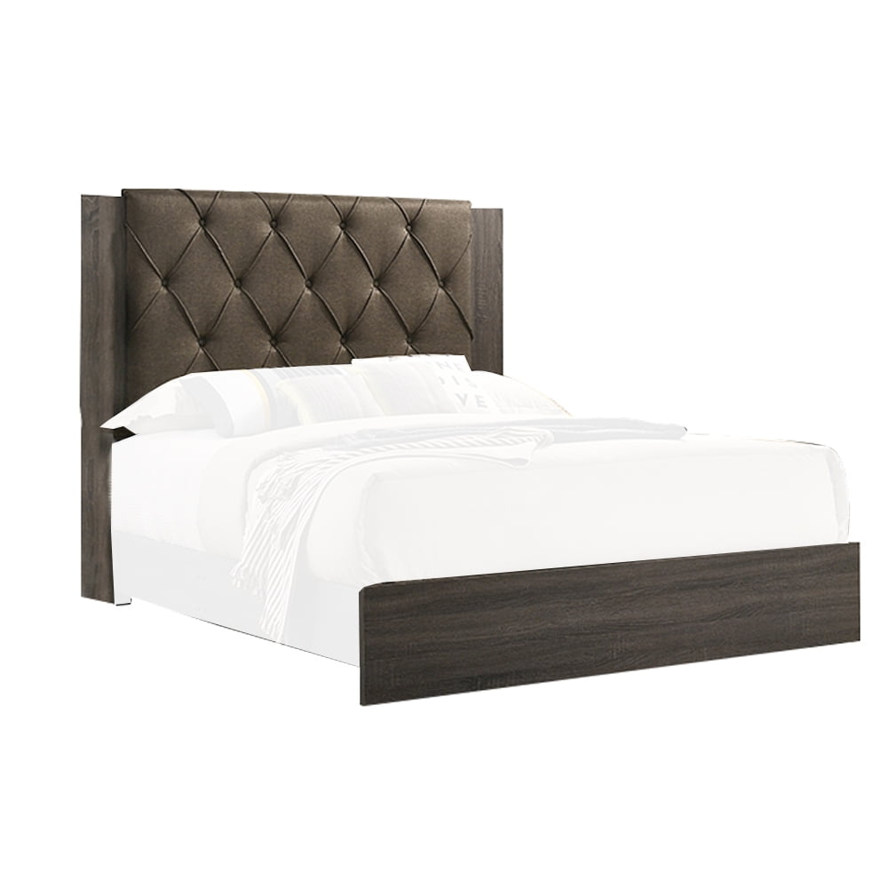 Wooden Queen Bed with Button Tufted Upholstered Headboard, Gray and Brown- Saltoro Sherpi