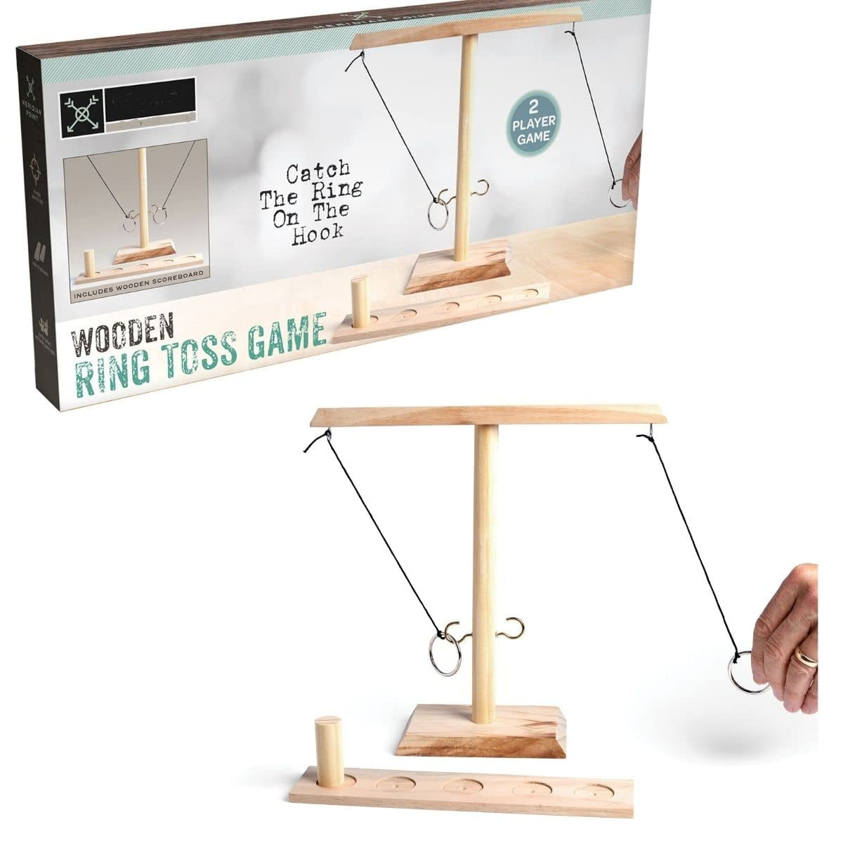 Wooden Ring Toss and Hook Game for Adults, Hooks Ring Tossing Game - Complete Set Hook and Ring Game with Wood Scorekeeper, Easy Set Up 2 Player Toss Ring and Hook Game - Kids Tabletop Ring Toss