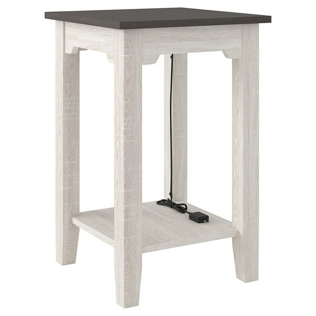 Benjara Wooden Side End Table with USB Ports and Power Cord, Antique White and Gray