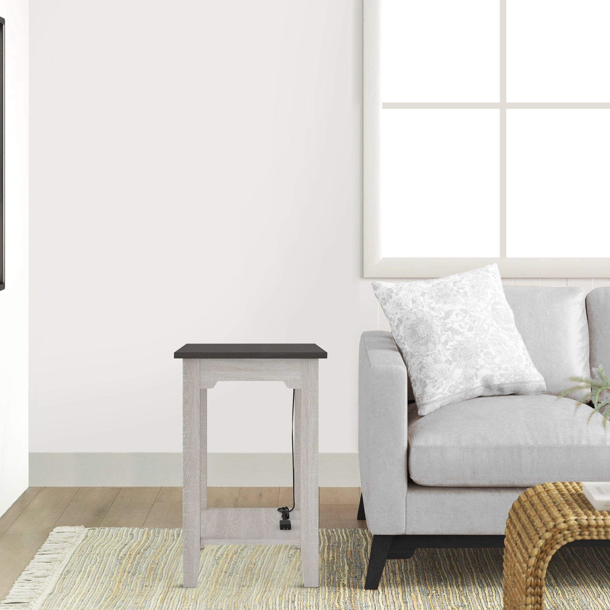 Wooden Side End Table with USB Ports and Power Cord, Antique White and Gray