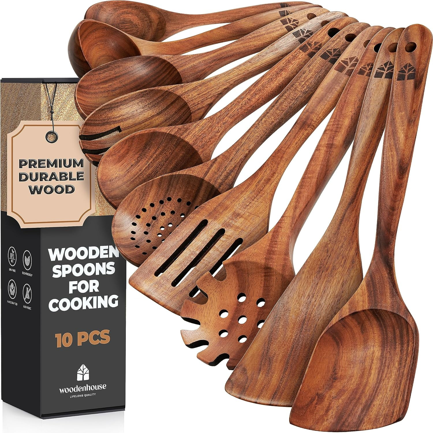 Wooden Spoons for Cooking, 10 Pcs Teak Wood Cooking Utensil Set ‚ Wooden Kitchen Utensils for Nonstick Pans & Cookware ‚ Sturdy, Lightweight & Heat Resistant