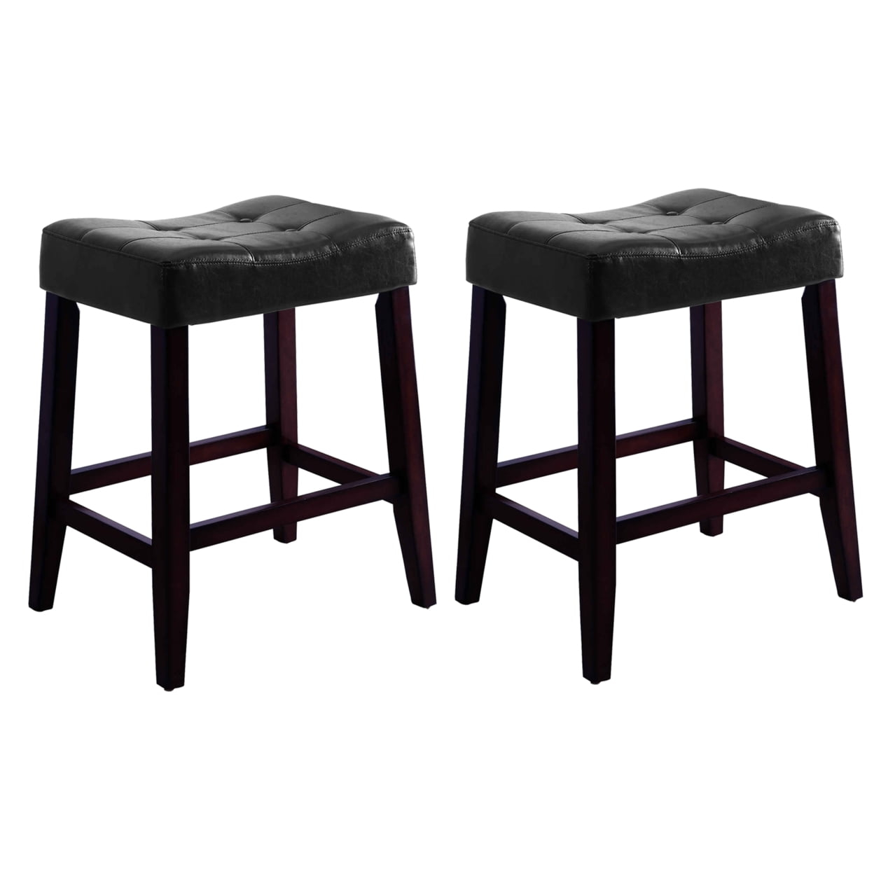 Wooden Stools with Saddle Seat & Button Tufts, Black & Brown - Set of 2