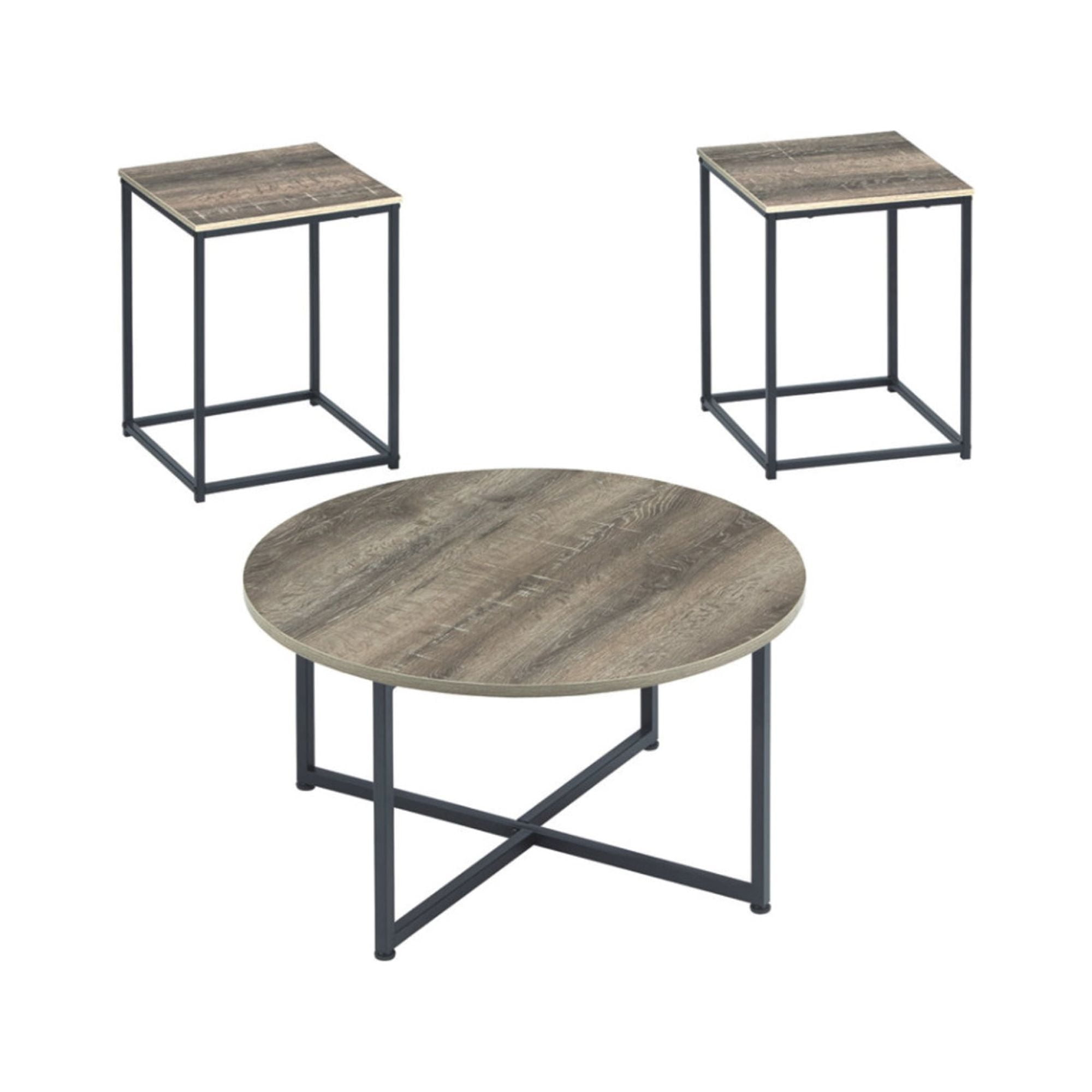 Wooden Table Set with Sturdy Metal Base, Set of Three, Gray and Brown