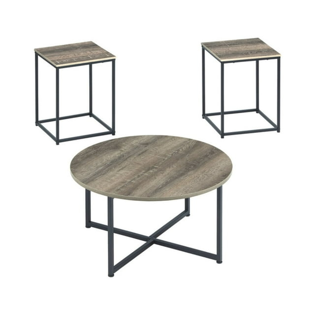 Wooden Table Set with Sturdy Metal Base, Set of Three, Gray and Brown
